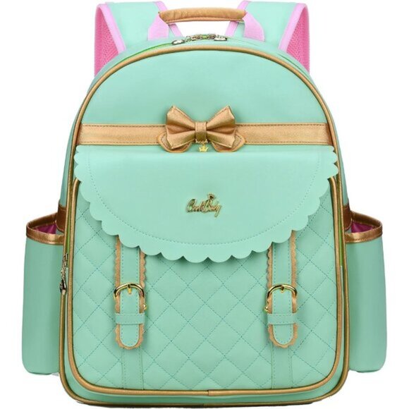 New 2 Pcs Princess Waterproof PU Leather Green Backpack Tote bag for Girls